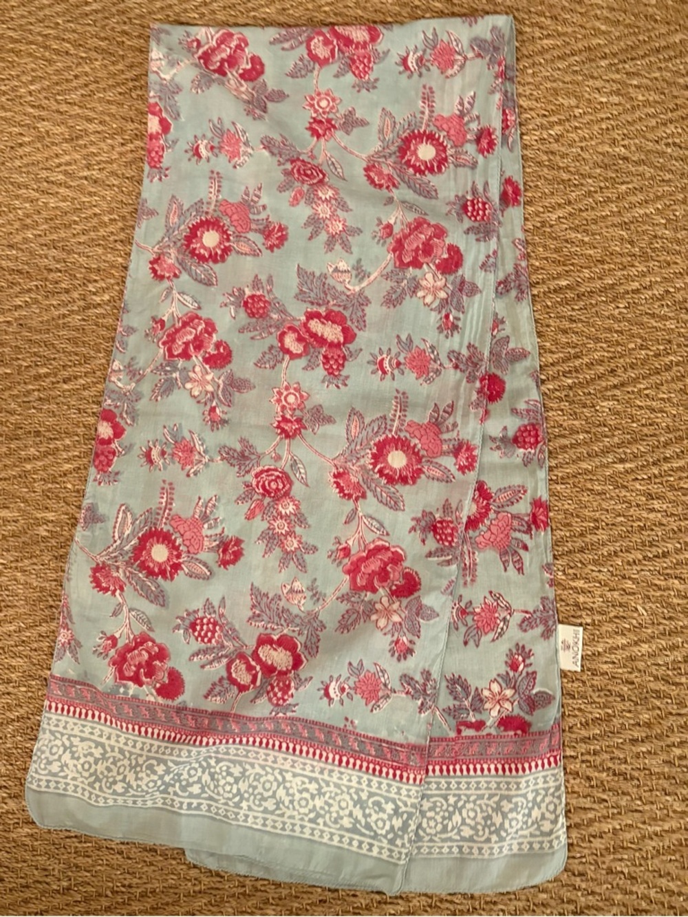 Indian print cotton scarf blue and pink lightweight
